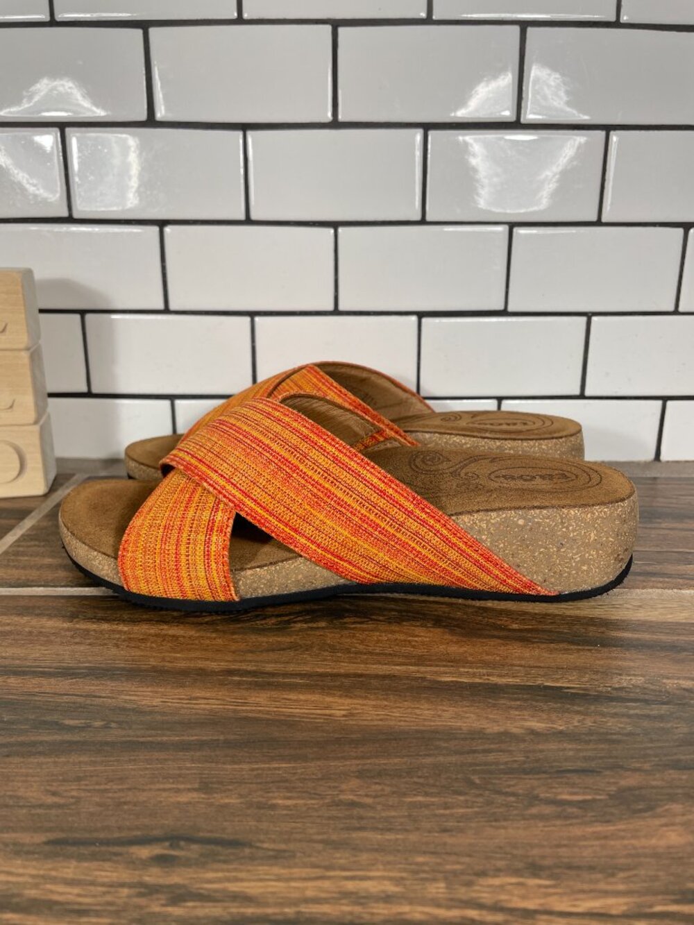 Taos Shoes Womens Size EU 37 Orange Yellow Cross Strap Wedge Slide Sandals